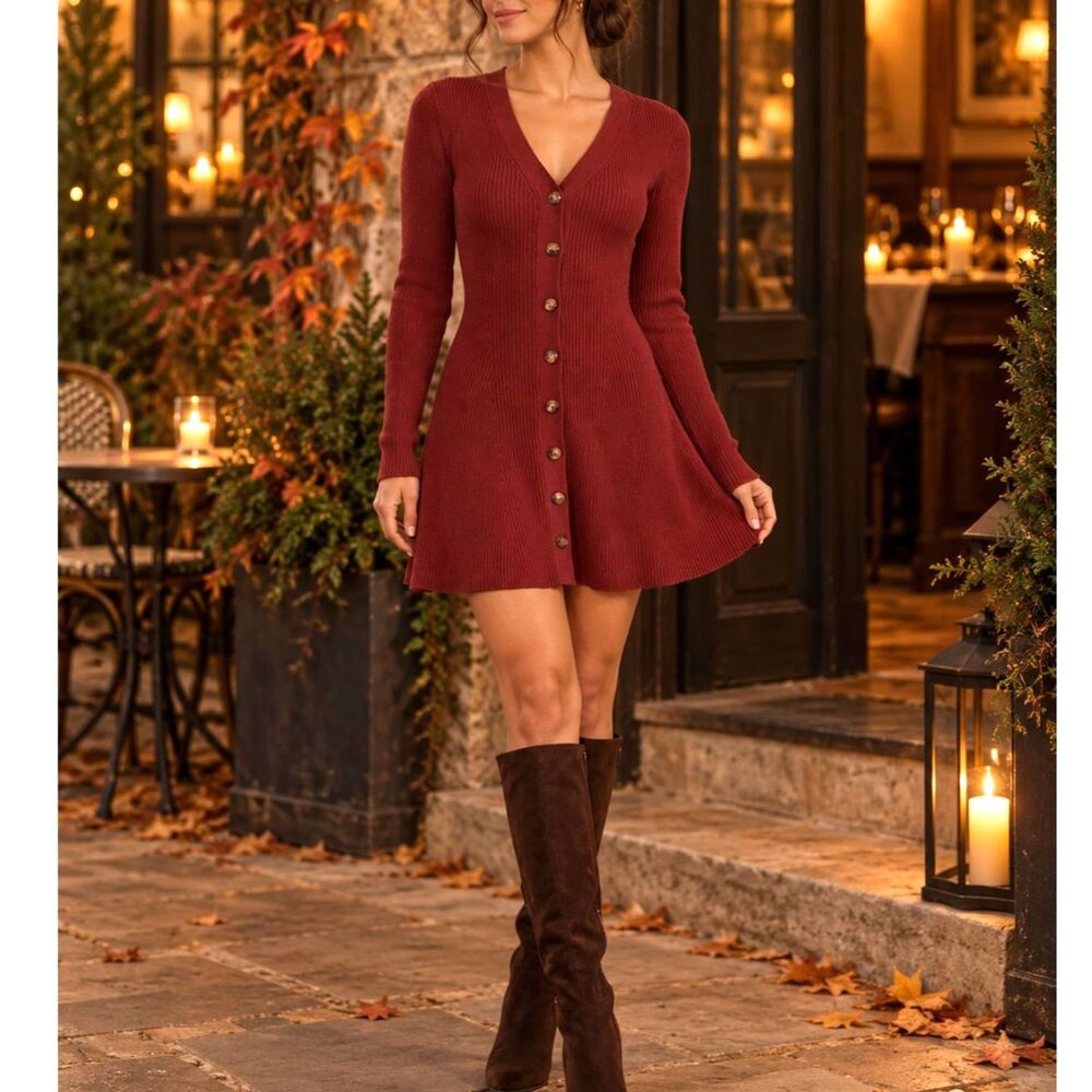 Lulus NWT Adorably Flirty Rust Red Button Front Sweater Mini Dress S Fall Cozy
